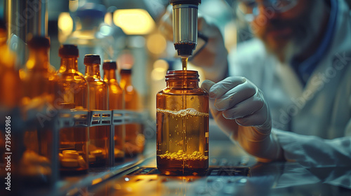 A scientist is pouring fluid into an amber glass bottle in a laboratory © Vitalii