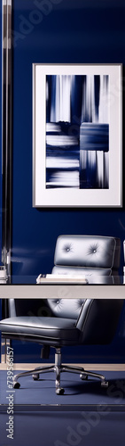 Abstract painting in blue and white colors, with a blue leather chair in front of it.