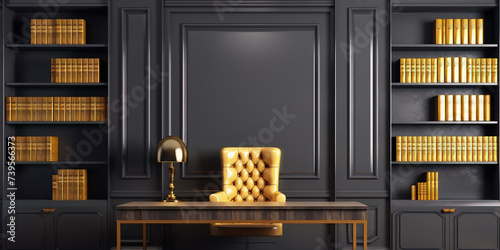 3D rendering of a classic library with bookshelves, a desk, and a leather chair in a dark room with golden accents. photo