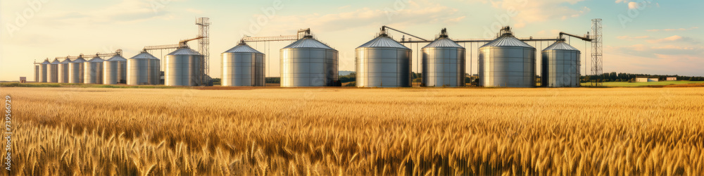 Grain silos in farm field. Agricultural silo or container for harvested grains. Grain silos in farm field. Agricultural silo or container for harvested grains.