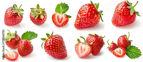 Red ripe whole and half strawberries fruit with green leaves isolated white background. AI generated