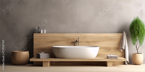 Bathroom interior with bathtub, wooden wall and green plant in pot, 3d render photo