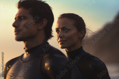A man and woman in wetsuits, captured in a contemplative stance against a sunset ocean backdrop