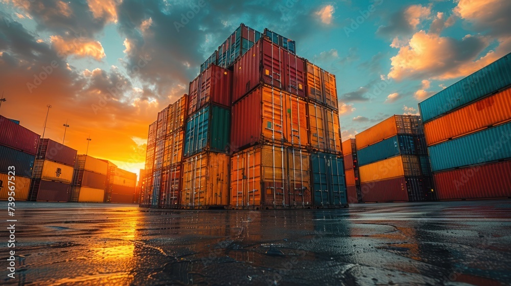 Cargo Containers on Wet Ground - obrazy, fototapety, plakaty 