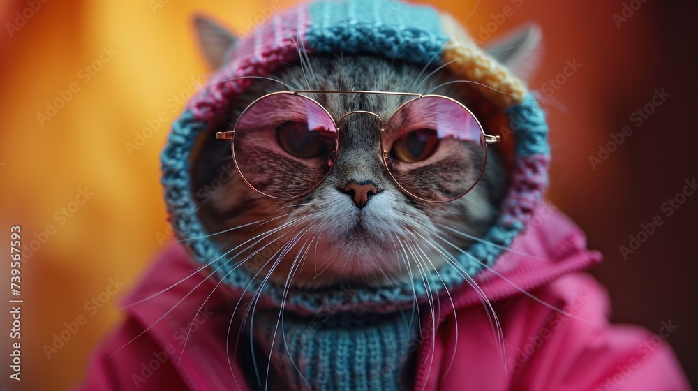 Fototapeta premium Cat Wearing Glasses and Pink Coat