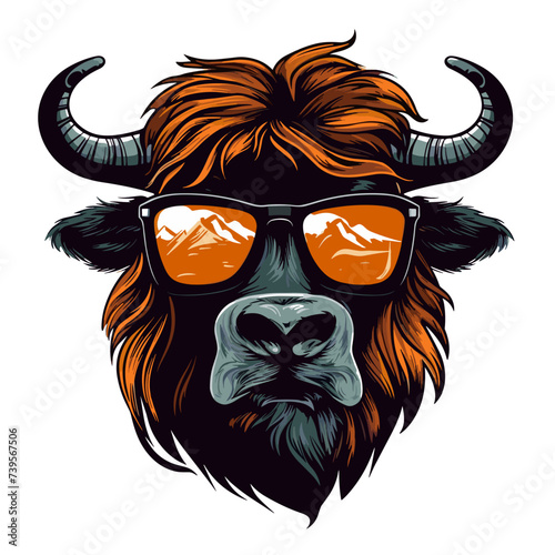 Bison head with sunglasses. Vector illustration for your graphic design.