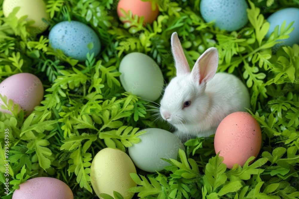 Happy Easter Eggs Basket Carnival. Bunny in religious artwork flower Garden. Cute 3d polygonal modeling easter rabbit illustration. Easter cerulean blue card wallpaper reconciliation