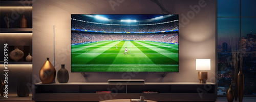 Big Flat Televison with soccer match in modern living room. photo
