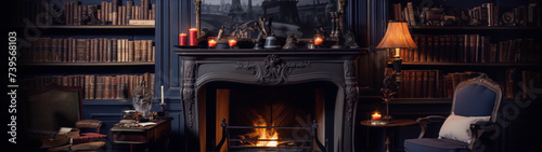 Parisian library with fireplace, dark blue walls and red leather furniture photo