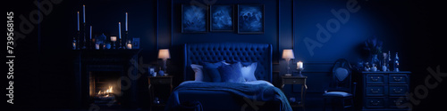 Blue themed bedroom interior with fireplace and nightstands