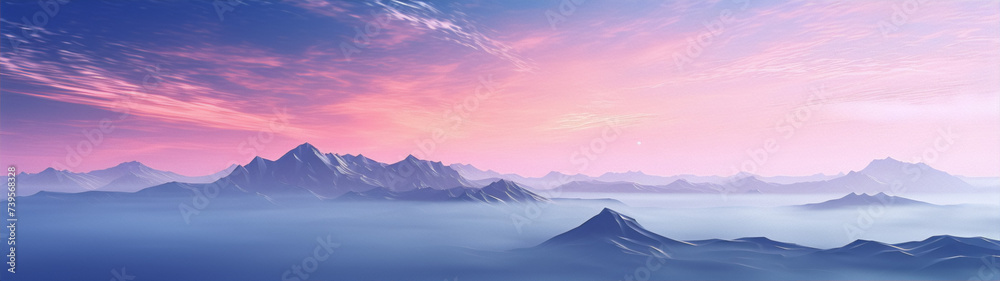 Fantasy landscape painting of blue and purple mountains with pink clouds in the sky.