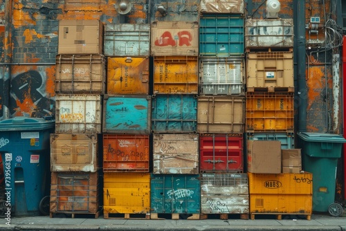 A vibrant stack of shipping containers stands against the backdrop of la boca, capturing the essence of outdoor cargo transportation on the bustling streets