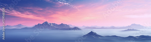 Fantasy landscape painting of blue and purple mountains with pink clouds in the sky.