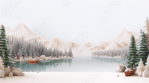 3D illustration of a winter landscape with a lake, mountains, and trees in a minimal style with pastel colors.