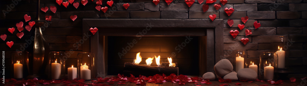 Fireplace with candles and red heart shapes.