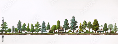 Various trees and houses in a row on a white background, 3D illustration.
