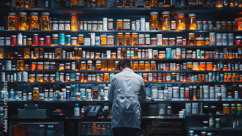 A man in a lab coat is standing in front of a shelf of bottles in a pharmacy in the city