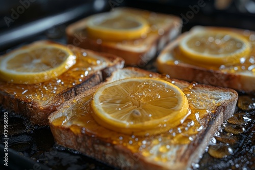 A vibrant and refreshing combination of zesty meyer lemon slices atop a group of golden toast, evoking the senses with the bright yellow citrus fruit and warm indoor setting