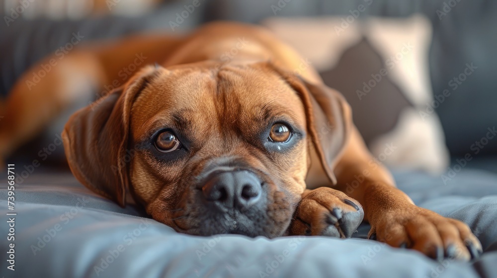 Brown Dog Resting on Blue Couch