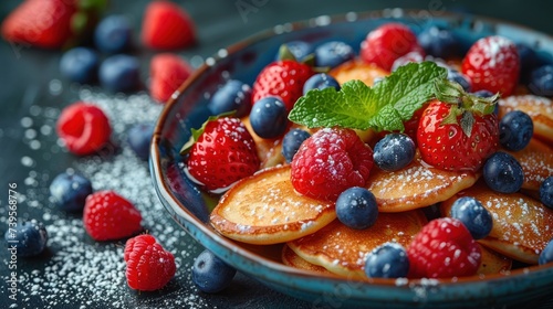 Blue Bowl of Fruit and Powdered Sugar