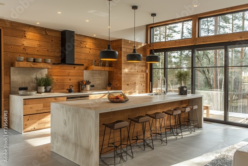 A stunning indoor kitchen with a spacious island, modern cabinetry, and a grand window that floods the room with natural light, creating the perfect balance of style and functionality