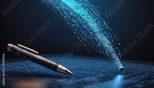 Futuristic AI Technology for Creative Copywriting. Digital pen symbolizing the integration of AI in the field of copywriting, set against a backdrop of dynamic digital data streams.