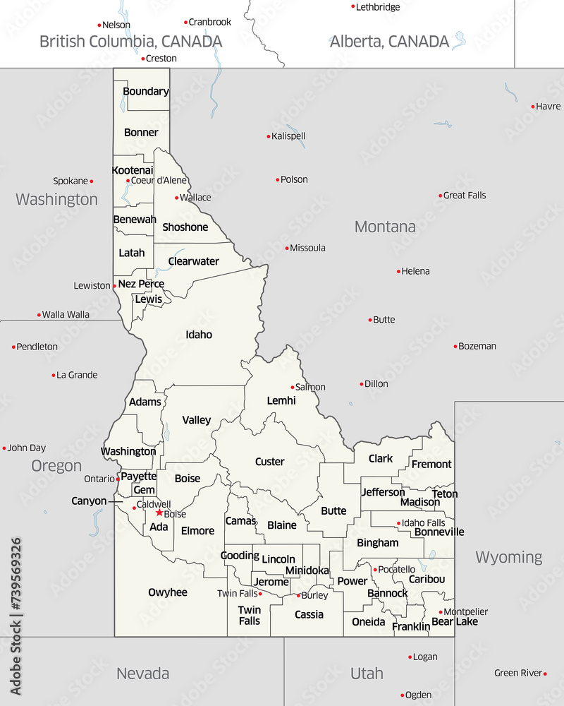 Political map showing the counties that make up the state of Idaho, located in the United States.