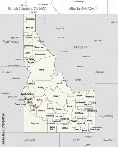 Political map showing the counties that make up the state of Idaho  located in the United States.