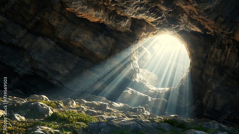 CInematic view of Empty easter christian tomb, easter empty tomb with sunrays coming in as a symbol of "he is risen". 
 - obrazy, fototapety, plakaty 