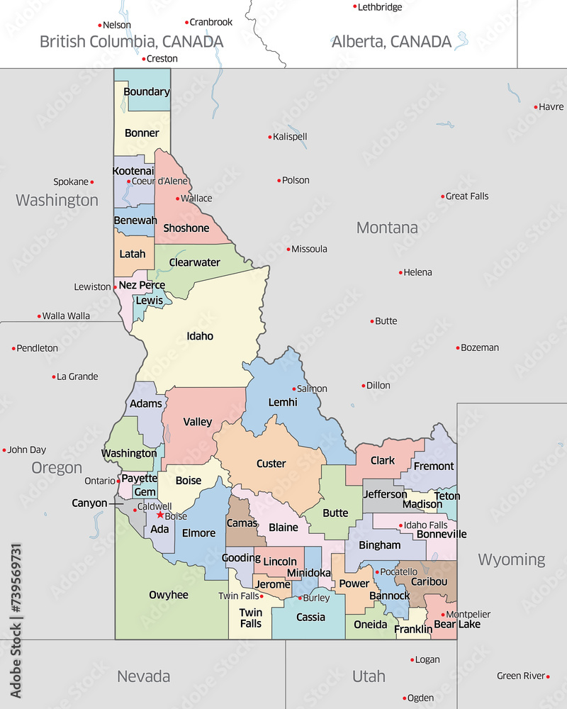 Fototapeta premium Political map showing the counties that make up the state of Idaho, located in the United States.