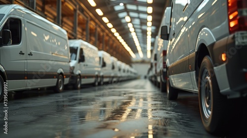 Row of White Vans in Warehouse