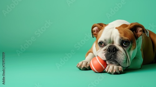 Bulldog with a ball on green background