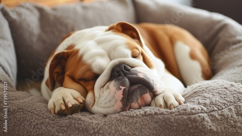 Bulldog resting in a cozy bed