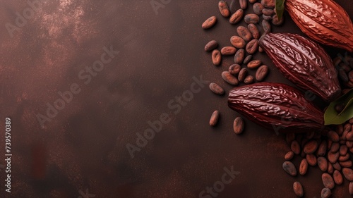 Cocoa pods and beans on a dark surface