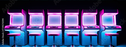 Retro neon arcade game machines with stools in a dark room photo