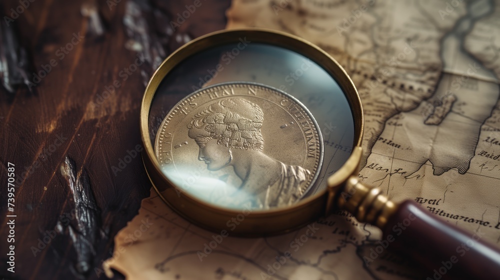 A magnifying glass over a coin on a map