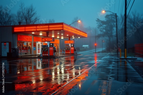 In the wet winter night, a red-lit gas station reflects in the water as rain falls upon the city streets, with a lone tree standing guard against the dark sky