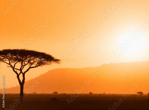 African savanna panoramic landscape photography at sunset. Travel background with copy space.