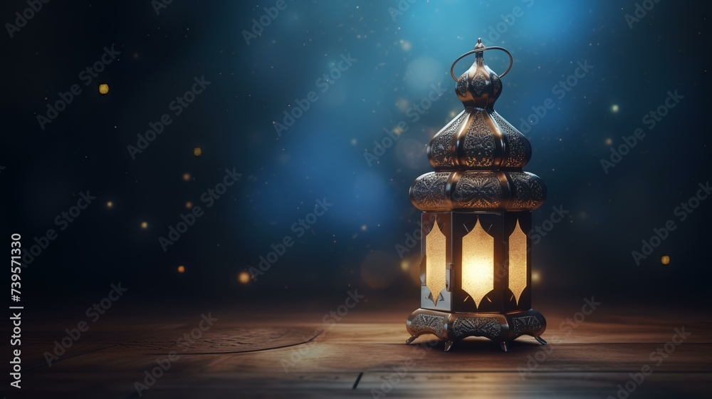 Obraz premium Ramadan Kareem background with golden lantern on wooden table and dark background