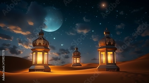 Ramadan Kareem's background with a full moon and a mosque in the desert.