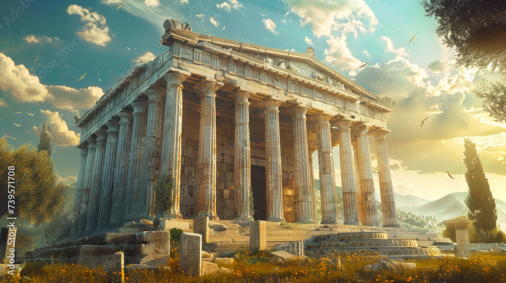 Ancient Greek or Roman temple, great columns on blue sky background, scenery of old in summer. Concept of history, Greece, civilization, travel and culture