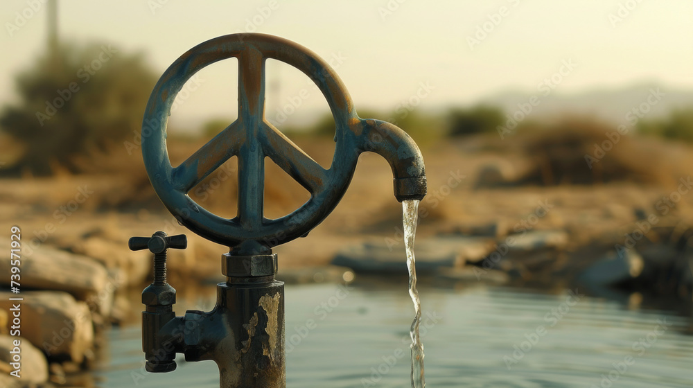 Wasserhahn in Form des Friedenssymbols (Peace-Zeichen). In Bezug zum Welttag des Wassers, der 2024 das Motto "Water for Peace". Wasser für Frieden trägt. - obrazy, fototapety, plakaty 