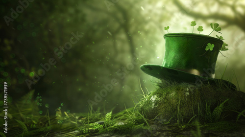 Ein grüner St. Patrick's Day Hut im Wald mit Kleeblättern. Das dreiblättrige Kleeblatt ist Symbol für die Heilige Dreifaltigkeit und wird mit Glück, Schutz  und Segen in Verbindung gebracht. photo