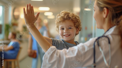 Friendly pediatrician giving high five to little patient photo