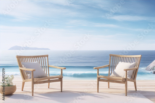 Two wooden armchairs on a wooden terrace overlooking the ocean.
