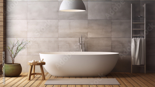 Bathroom interior design with a modern freestanding bathtub  plants  and a wooden floor.