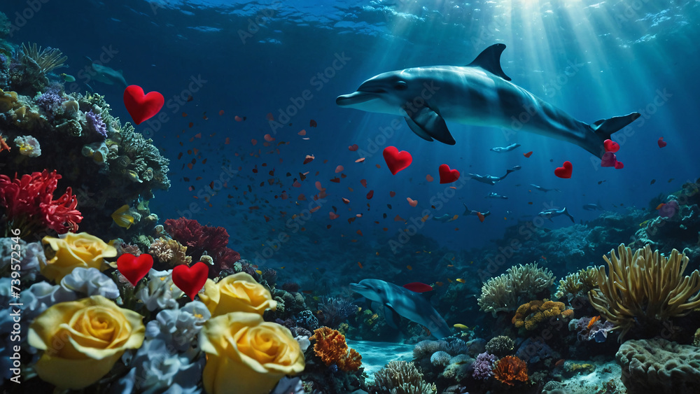 Obraz premium Beauty of the Sea: A Stunning Image of a Dolphin Swimming in the Ocean with Red Hearts and Flowers.