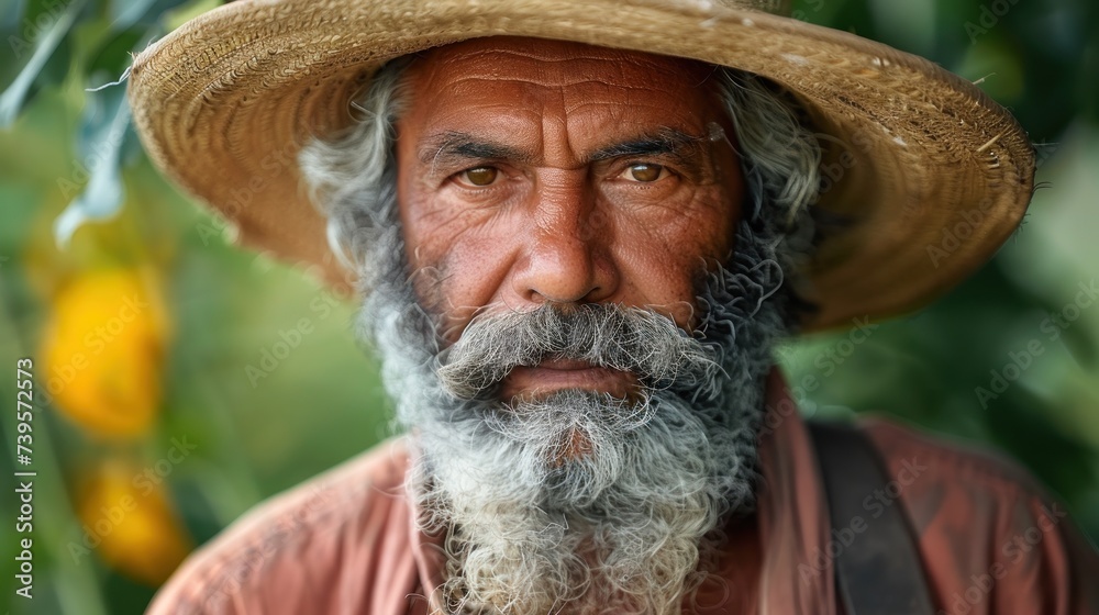 Fototapeta premium Man With Beard Wearing Straw Hat