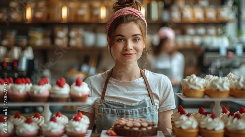 Woman Standing in Front of Cupcake Display