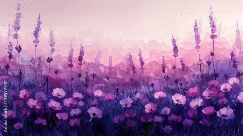 Purple Flowers Painting in Field